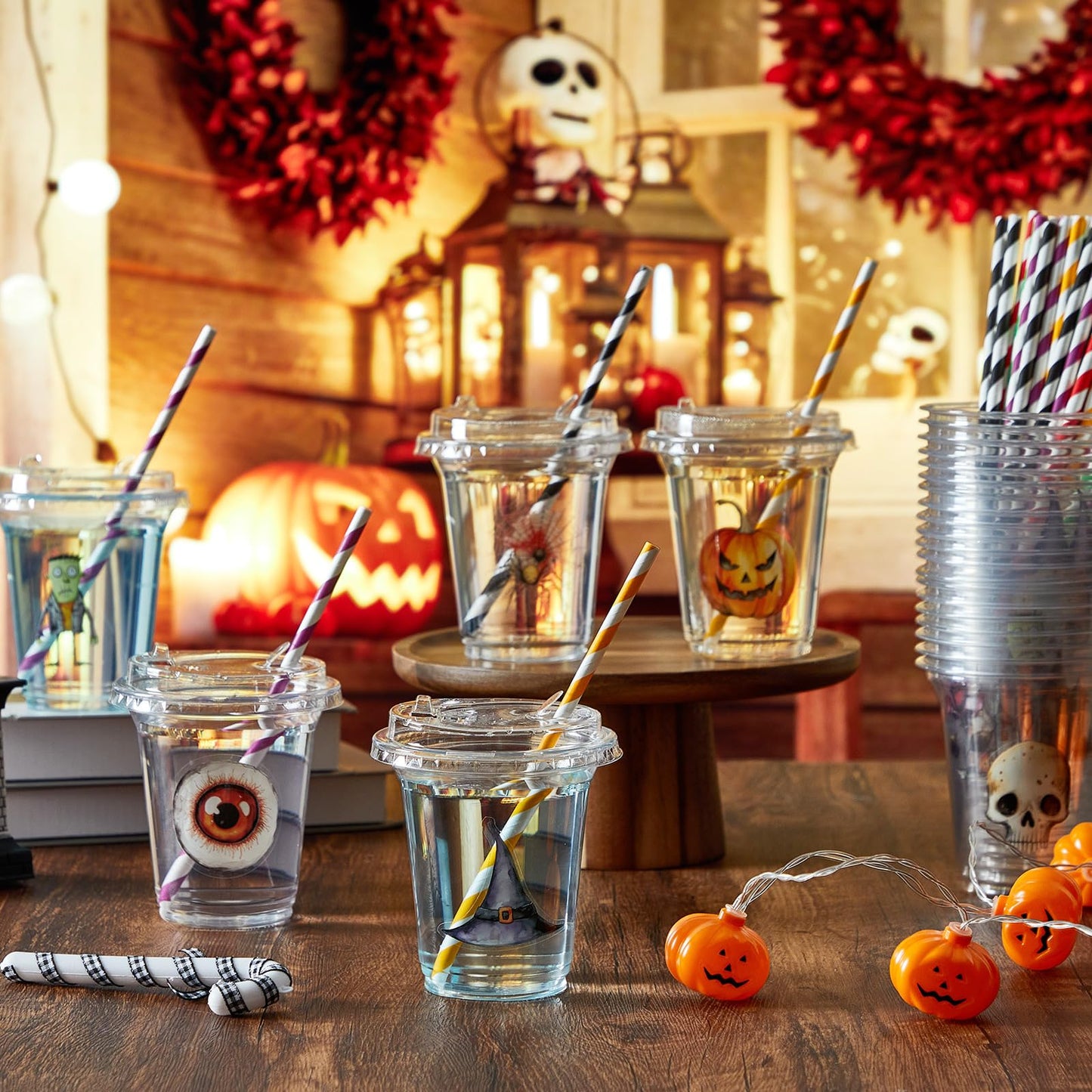 FoldTier 60 Set Halloween Plastic Cups with Lids14 oz Disposable Clear Cups and Paper Straws for Halloween Decorations Party Favor Supplies