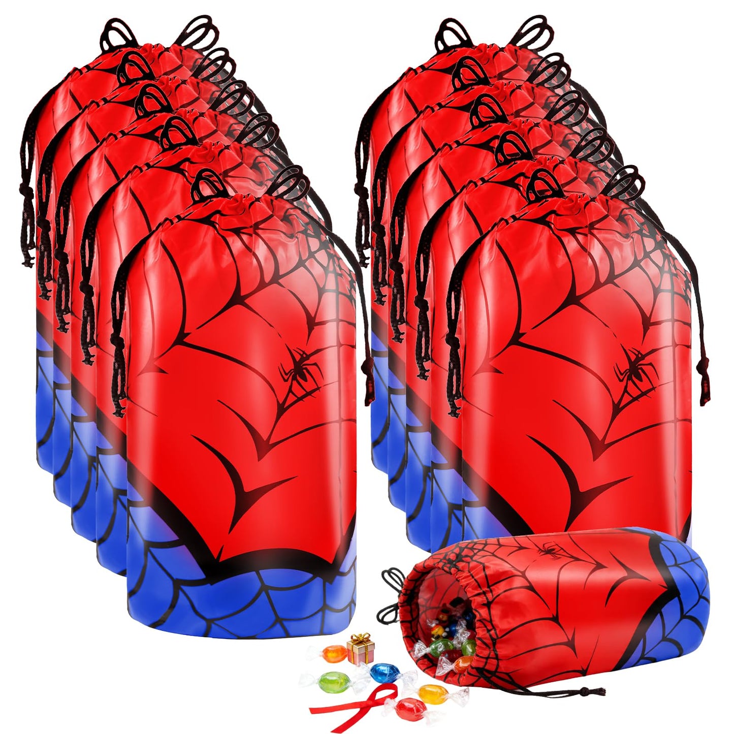HLHLLSW 50 PCS Spider Web Drawstring Bags, Red Blue Plastic Goodie Candy Bags with Drawstring, for Kids Spider Theme Birthday Party Favors Decorations & Supplies