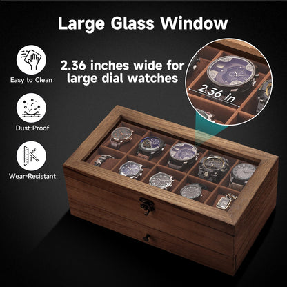 GALHUBIS Watch Box with 10 Slots, 2-Tier Watch Case for Large Dial Watches, Watch Display Case with Lid, Removable Watch Pillows, Gifts for Men Women, Watch Organizer with Drawer, Jewelry Box, Walnut