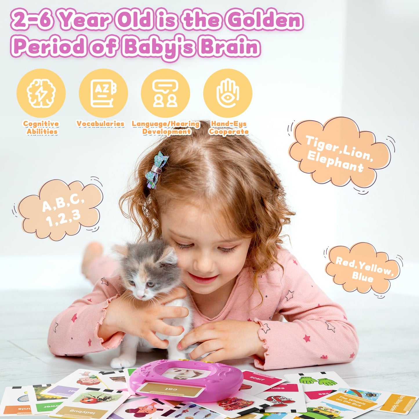 HOMESTEC Toddler Talking Flash Cards with American Accent and 288 Sight Words for Speech Therapy Learning Montessori Sensory Play for Boys and Girls Ages 3 to 6 Birthday Gifts (Pink)