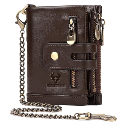 HUMERPAUL Genuine Leather Chain Wallet for Men, RFID Blocking Biker Trifold Credit Card Holder with Zipper Coin Pocket & Money Clip (Coffee)