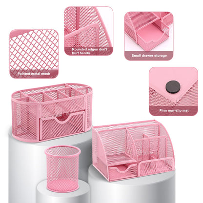 17 in 1 Pink Desk Organizers and Accessories Set, 3 Office Desk Supplies Storage Organization, 4 Pens, Stapler, Staples & Remover, Tape & Dispenser, Scissors, Ruler, Clips, Hole Punch, Back to School