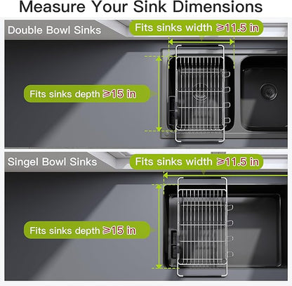 JASIWAY Dish Drying Rack in Sink, Expandable Stainless Steel Dish Drainers for Kitchen Counter, Dish Dryer Rack for Inside Sink, Over The Sink Dish Racks with Utensil Holder, Silver