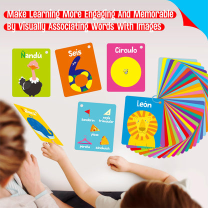 110 PCS Early Learning Flashcards, Double-Sided Spanish Cards- Alphabet, Numbers, Foods, Animals, Shapes, Colors, Emotions with 4 Reclosable Rings, Learning Tool for Pre-K Kindergarten Toddlers