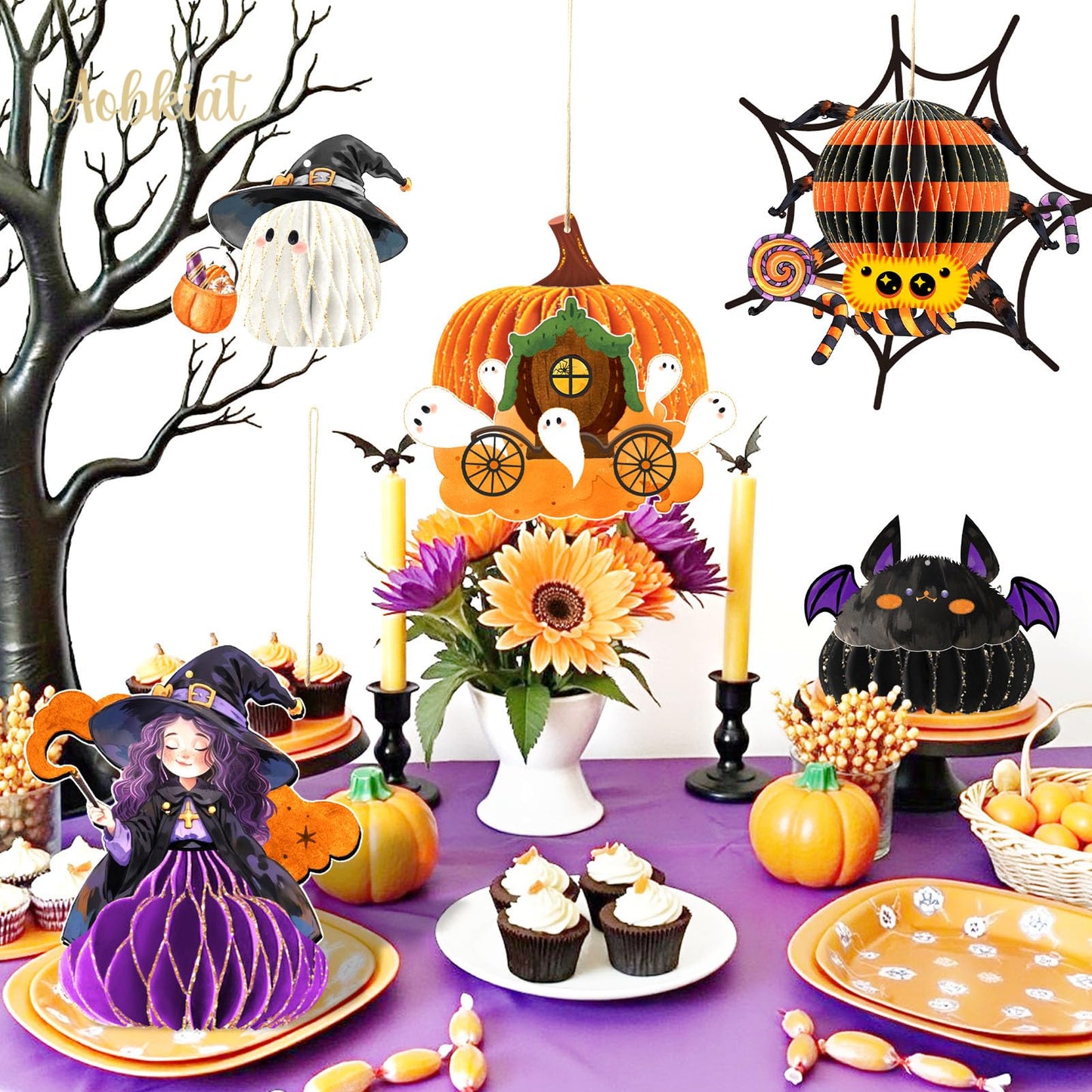 AOBKIAT Halloween Party Decorations,5PCS Hanging Honeycomb Ornaments