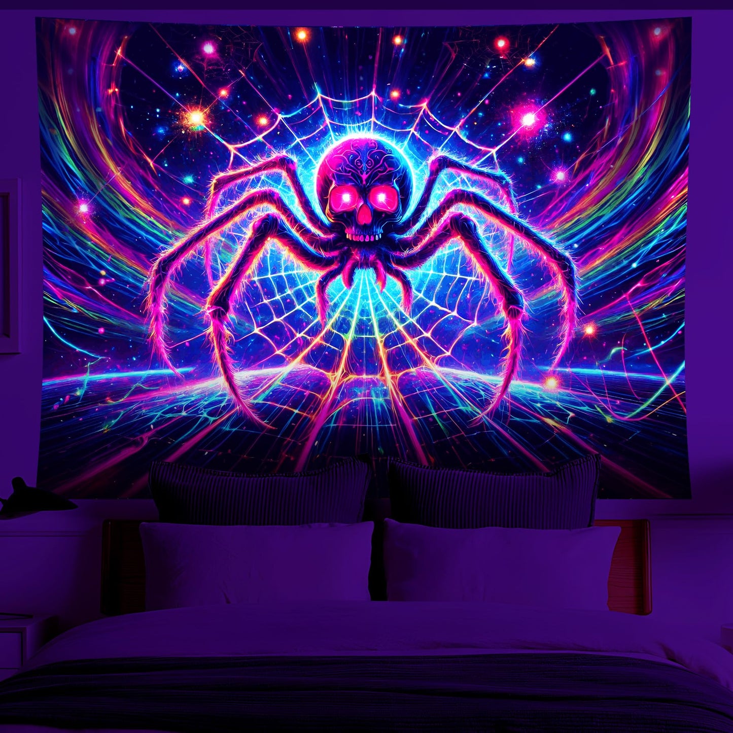 NYZE Blacklight Spider Tapestry Cool Posters Glow in the Dark Tapestry UV Reactive Black Light Halloween Tapestries Easy Hanging Wall Decor for Living Room Dorm Home(59" x 51")