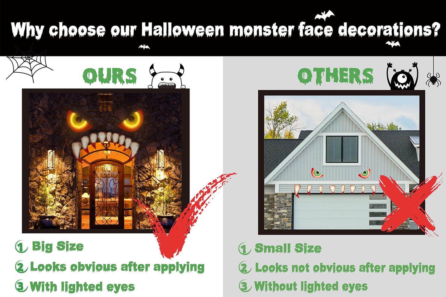 Large Size Halloween Garage Door Decorations 25.59inches - Monster Face House Archway Outdoor Decor with LED Eyes Teeth (Assembly Needed)