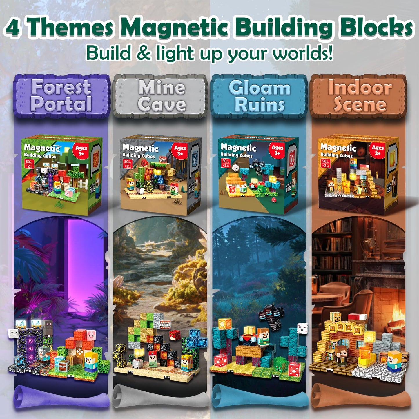ToyUnited 4-in-1 Magnetic Blocks with 24 Light Up Blocks, 200PCS Magnetic Building Blocks with 8 Base Plates, Screen-Free Magnetic Building Cubes Toy, Christmas Birthday Gifts for Boys Girls Age 3+