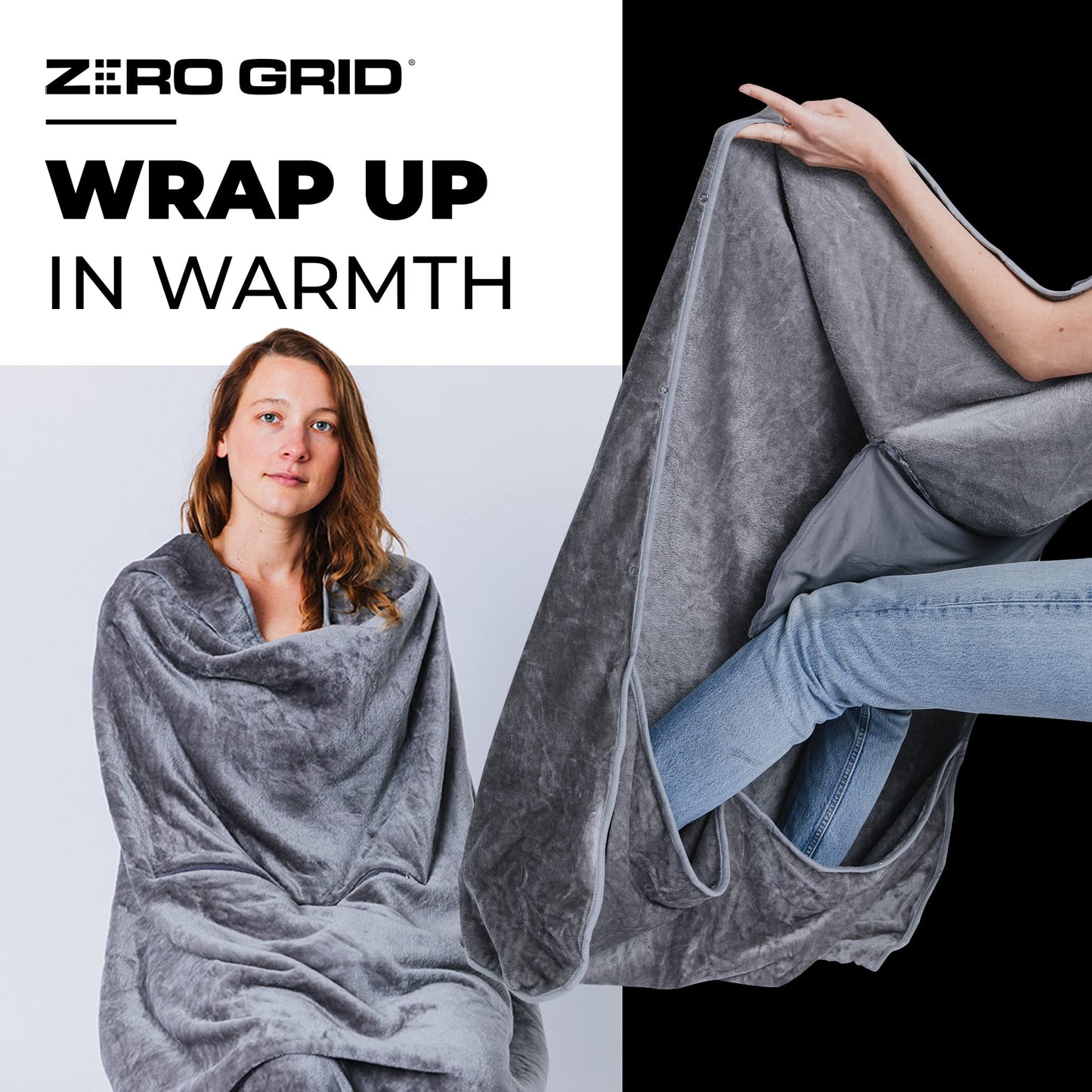 Lightweight Travel Blanket - Premium & Compact Airplane Wearable Blanket with Neck Snaps, Cozy Foot Pockets, Zipper Pouch - Converts into Soft Pillow - Designed for Ultimate Comfort - Shadow