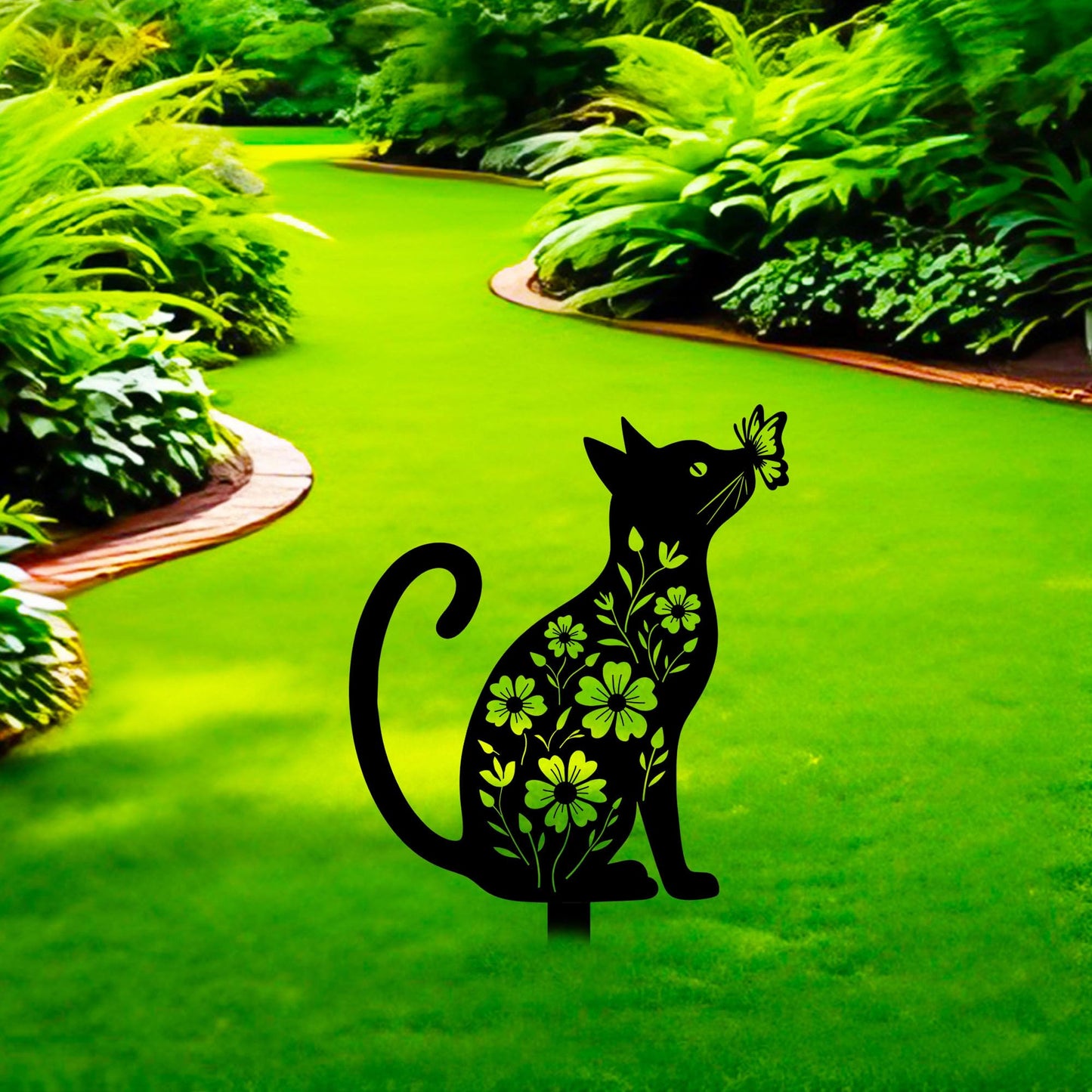 Aucizb Metal Cat Garden Stake - Floral Butterfly Black Silhouette Statue Yard Decor Outdoor Cat Patio Art for Yard, Flower Bed, Lawn, Cabin, Farmhouse Pet Lover Unique Gift (Black)