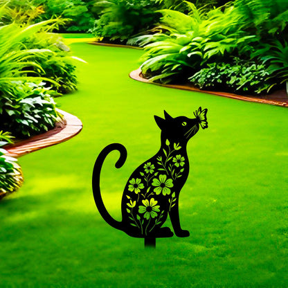 Aucizb Metal Cat Garden Stake - Floral Butterfly Black Silhouette Statue Yard Decor Outdoor Cat Patio Art for Yard, Flower Bed, Lawn, Cabin, Farmhouse Pet Lover Unique Gift (Black)