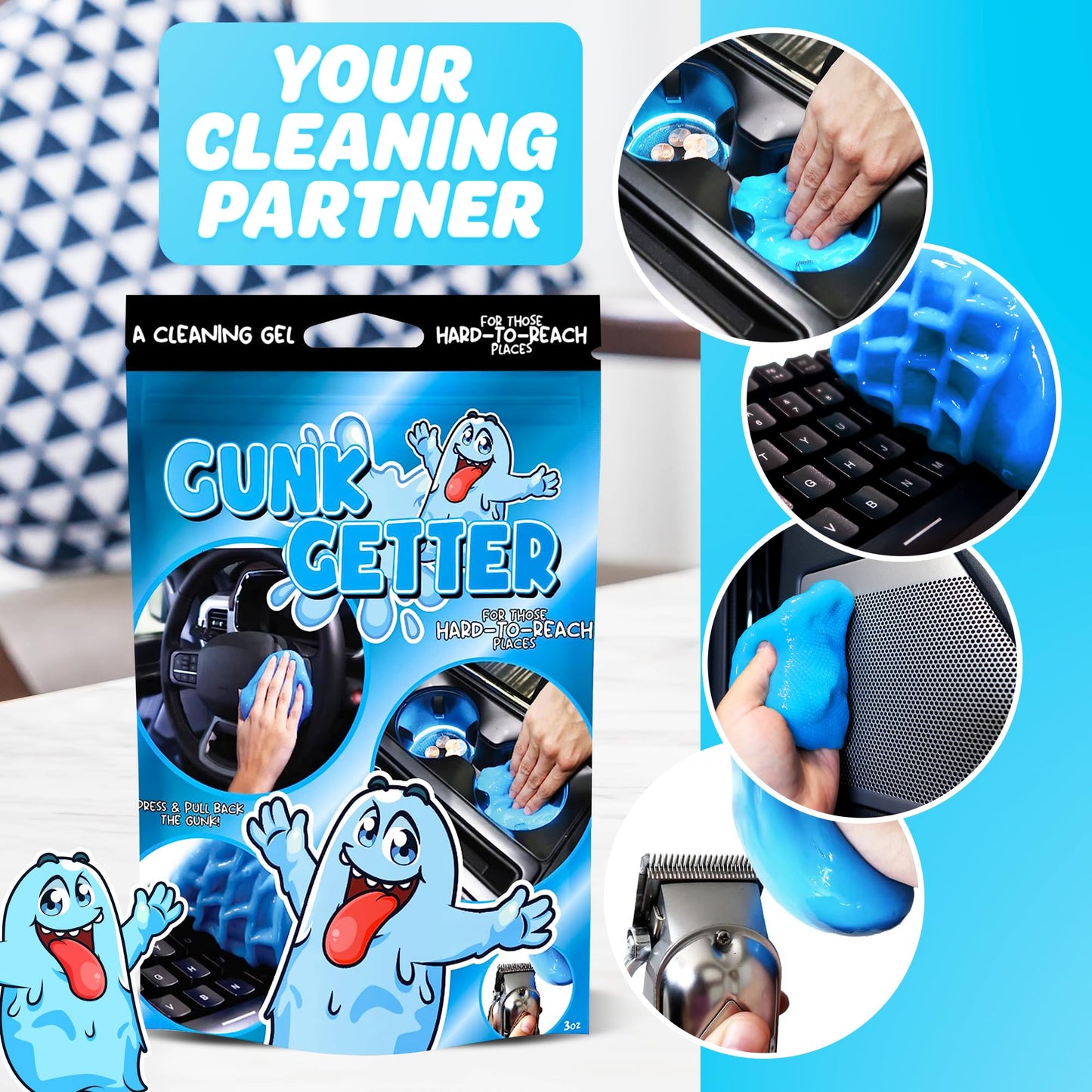 PeerBasics Gunk Getter, Cleaning Gel for Those Hard to Reach Places, Automotive Cup Holder Electronic Keyboard Office, Slime Gel Cleaner Dust Crumb Removal (Resealable Pouch, Blue, 3oz)