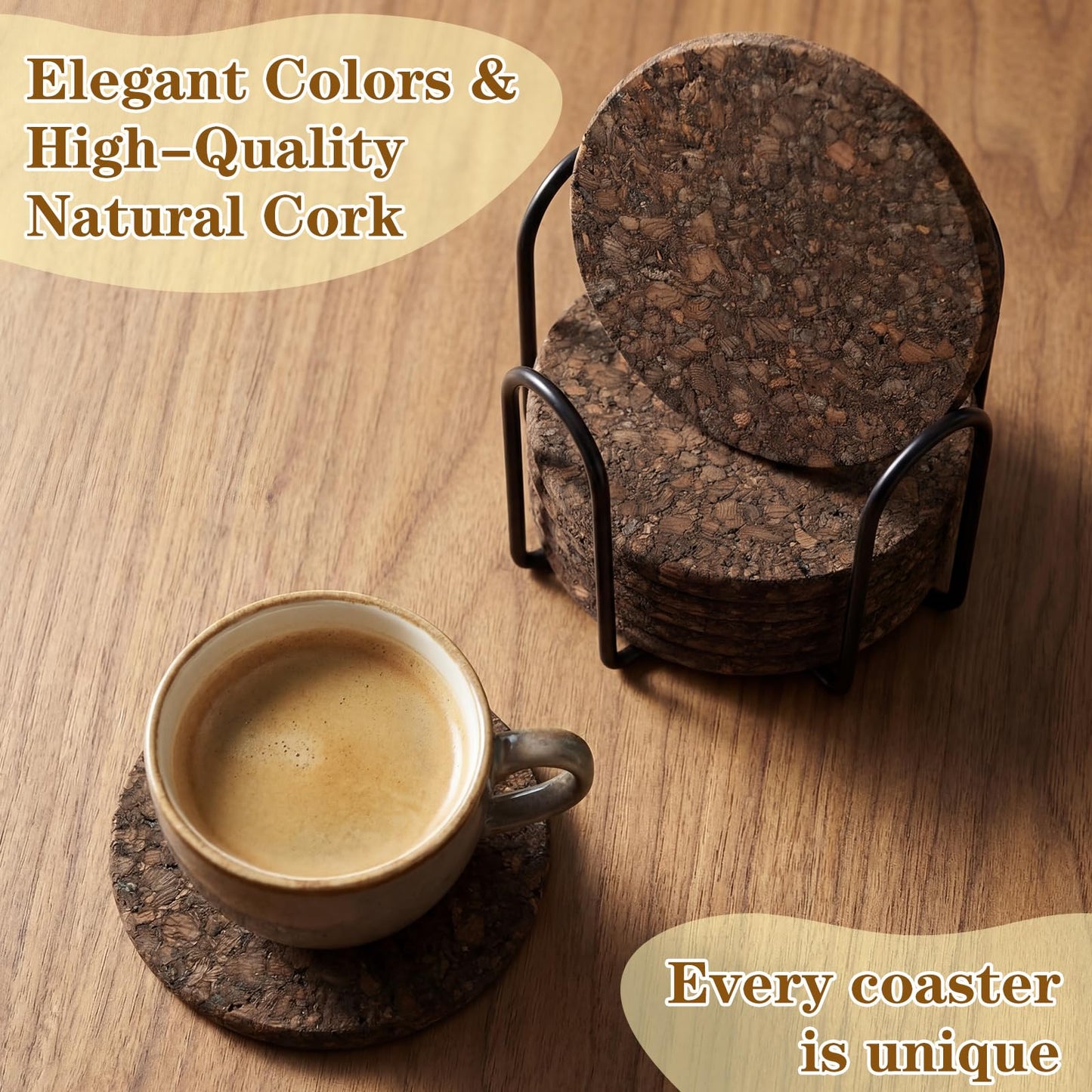 Acellegic 9 Set of Thick Dark Cork Coasters Heat Resistant Non Slip Drink Coaster with Black Holder Elegant Dark Cork Cup Pads for Coffee Tables Natural Wood Table Protectors