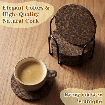 Acellegic 9 Set of Thick Dark Cork Coasters Heat Resistant Non Slip Drink Coaster with Black Holder Elegant Dark Cork Cup Pads for Coffee Tables Natural Wood Table Protectors