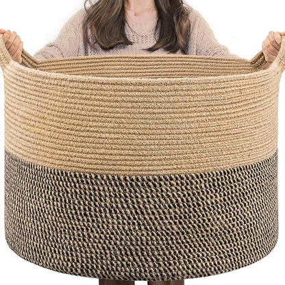 INDRESSME Extra Large Woven Baskets for Storage, 21.7 x 13.8 Blanket Basket Living Room Wicker Storage Basket for Organizing Woven Laundry Baskets for Toy Pillow Shoe, Entryway, Black Jute
