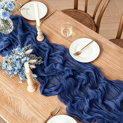 3Pcs Navy Blue Table Runner, 10FT Rustic Gauze Blue Table Runner 35*120inch Boho Table Runners for Wedding Bridal Shower Birthday Baby Shower Table Centerpiece Decorations