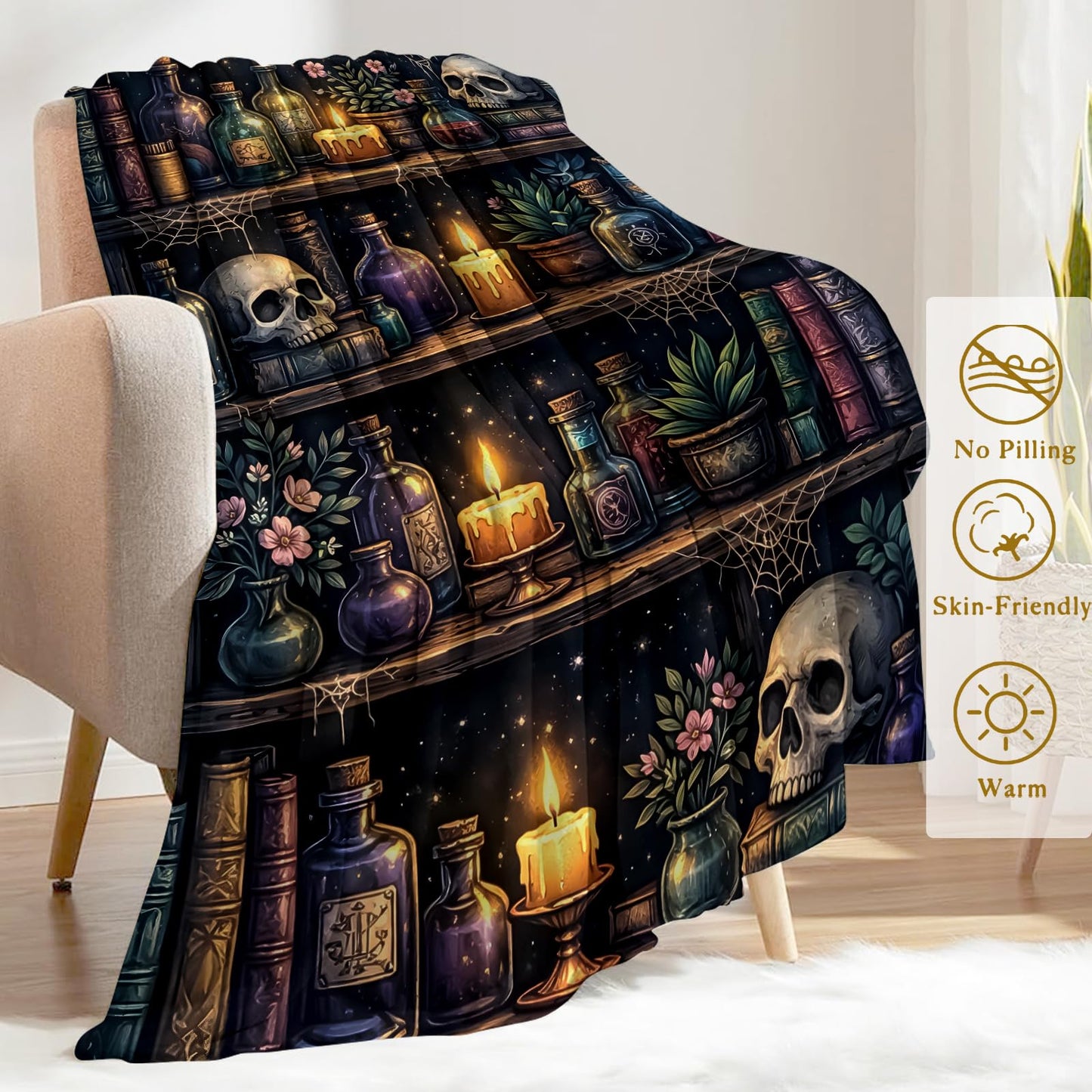ainori Enchanted Skull Bookshelf Fleece Throw Blanket 50x60 Inch,Gothic Skeleton Potion Shelf Decorative Throws,Lightweight Blankets for Bedroom Library Halloween,Cozy Gifts for Readers Goth Lovers