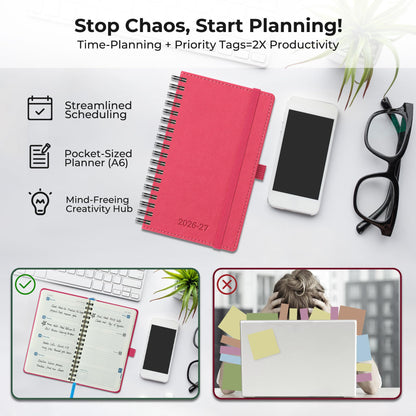 IN-LUXPRO Planner 2026-2027 Daily Weekly and Monthly,6.5"x3.75",18 Months Spiral Bound Calendar Agenda with Self-adhesive Pen Holder,2026 Academic Plan with Vegan Leather Soft Cover,Rose Red