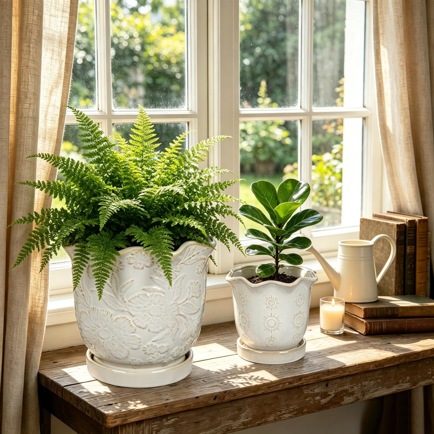 Set of 2 Ceramic Flower Pots, 8" & 5.5" Plant Pots Indoor with Drainage Hole and Saucers, Large Embossed Sunflower Planter Pot, Decorative Scalloped Rim Ceramic Pots for Plants Orchid Snake Outdoor