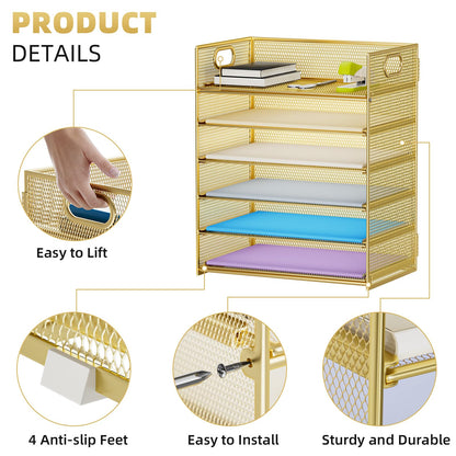 Marbrasse 2 Pack Desk Organizer with Handle, 6 Tier Paper Letter Tray, Mesh Desk File Organizer for Office, School and Home - Gold