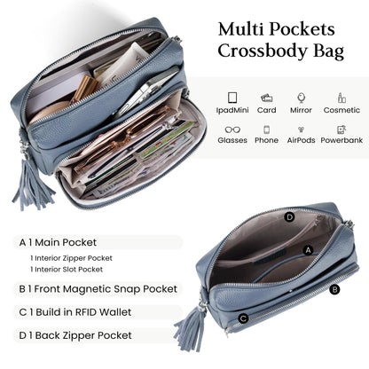 befen Soft Real Leather Small Crossbody Purses for Women, Ladies Anti-Theft Shoulder Bag Handbag Purse with Adjustable Strap & Built in RFID Wallet Light Blue