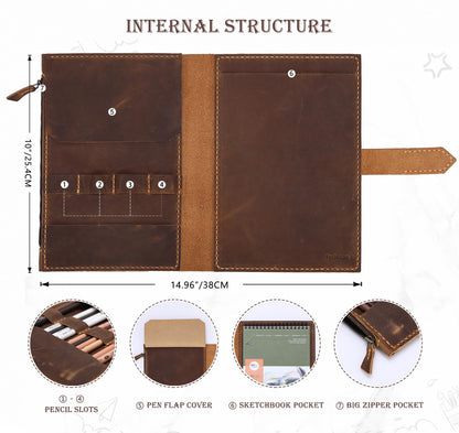 Fasjosma Leather Sketchbook Cover for A5/5.5"x8.5" Top Spiral Bound Sketch Pads - Handmade Genuine Leather Artist Case with Pencil Holder & Zipper Pocket, Professional Drawing Supplies