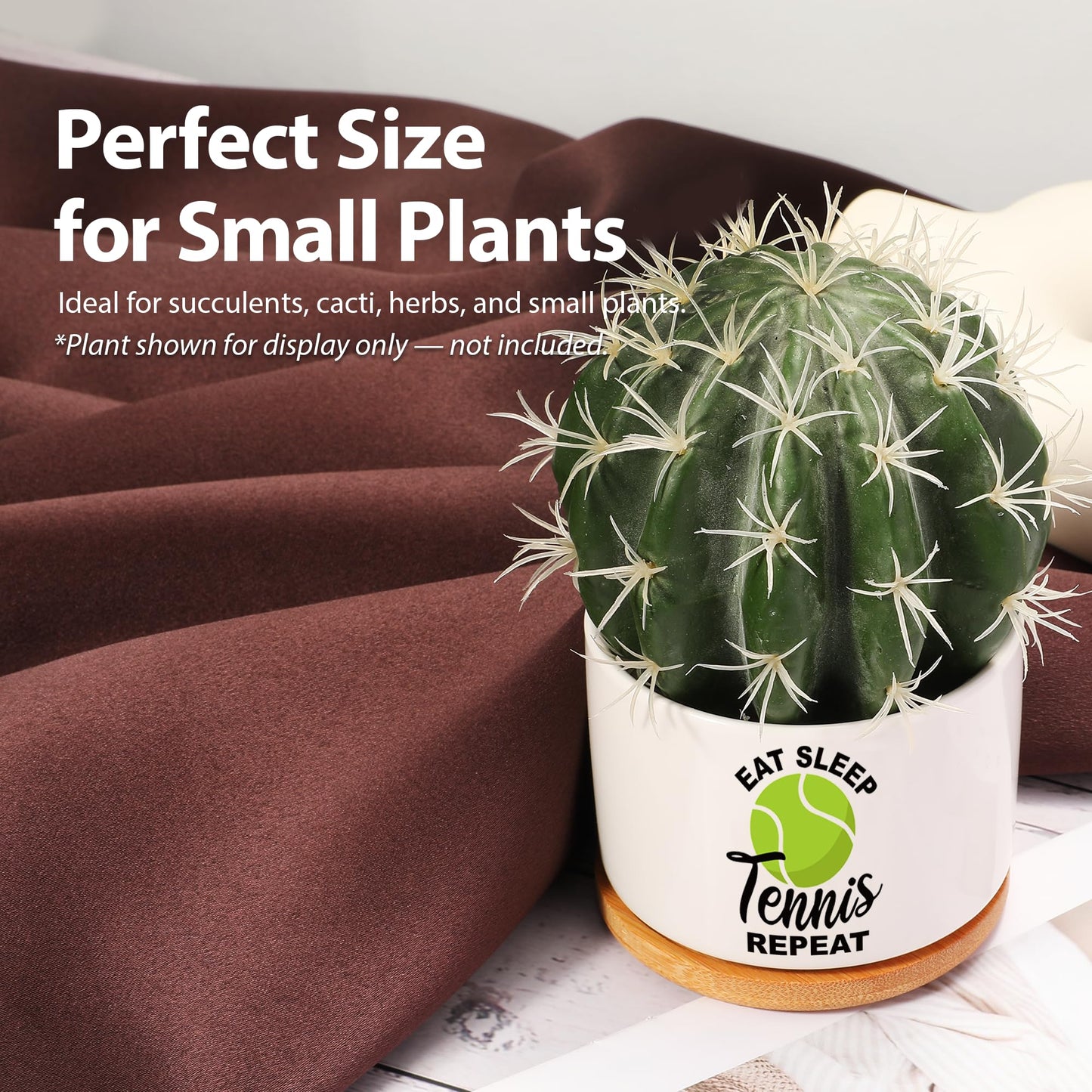 Loovelo Eat Sleep Tennis Repeat Tennis Gifts for Sports Lover Coach Player Ceramic Succulent Plant Pot with Bamboo Tray Home Office Decor 3.5 Inch White (No Plants)