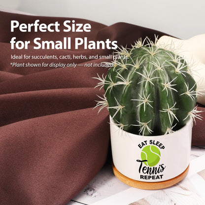 Loovelo Eat Sleep Tennis Repeat Tennis Gifts for Sports Lover Coach Player Ceramic Succulent Plant Pot with Bamboo Tray Home Office Decor 3.5 Inch White (No Plants)