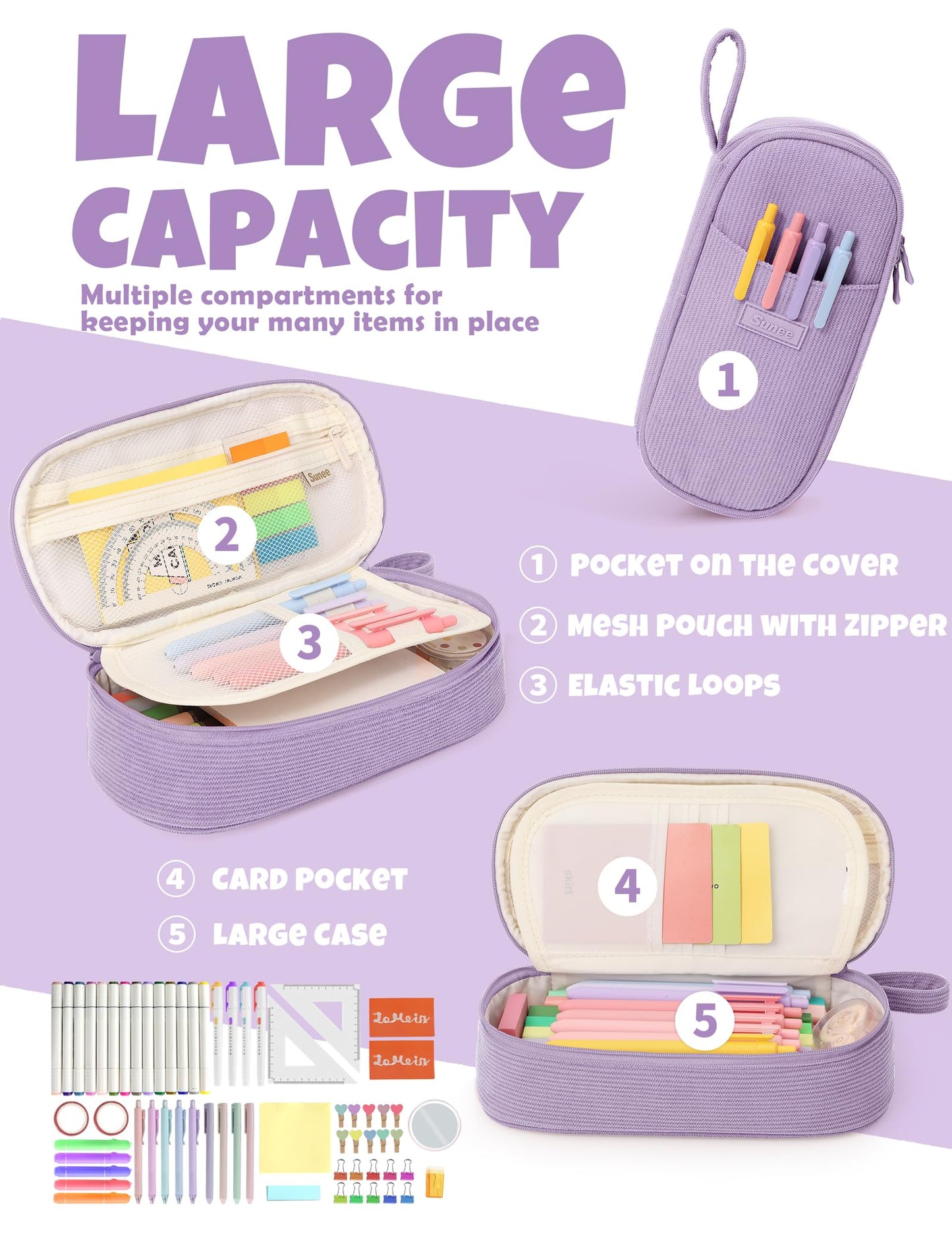 SUNEE Cute Pencil Case, Large Pencil Pouch, Soft Corduroy Fabric Big Pencil Bag with Zipper, Kawaii Pen Bag Stationery Storage and Organizer, School Supplies for Teen, Student, Boys,Girls, Soft Purple