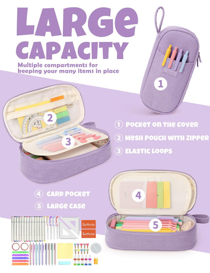 SUNEE Cute Pencil Case, Large Pencil Pouch, Soft Corduroy Fabric Big Pencil Bag with Zipper, Kawaii Pen Bag Stationery Storage and Organizer, School Supplies for Teen, Student, Boys,Girls, Soft Purple