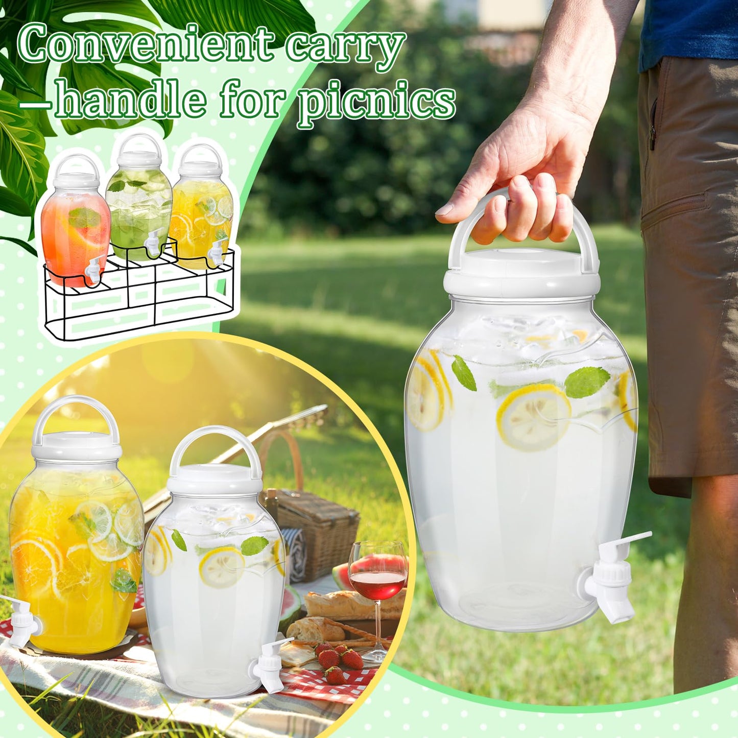 Tanlade 3 Pcs Plastic Drink Dispenser with Spigot and Metal Stand 1.2 Gallon Beverage Dispenser for Parties Juice Dispensers Lemonade Jar with Lids for Cold Drink Tea Water Container