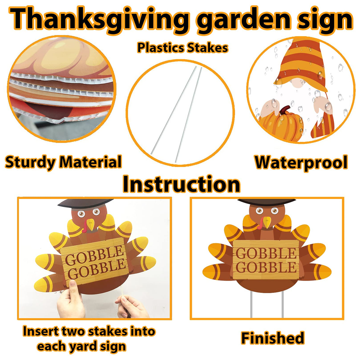 Thanksgiving Yard Signs Stakes - 6PCS Fall Outdoor Decorations - Maple, Squirrel, Turkey, Gnome, Pumpkin Corrugated Lawn Signs for Outside