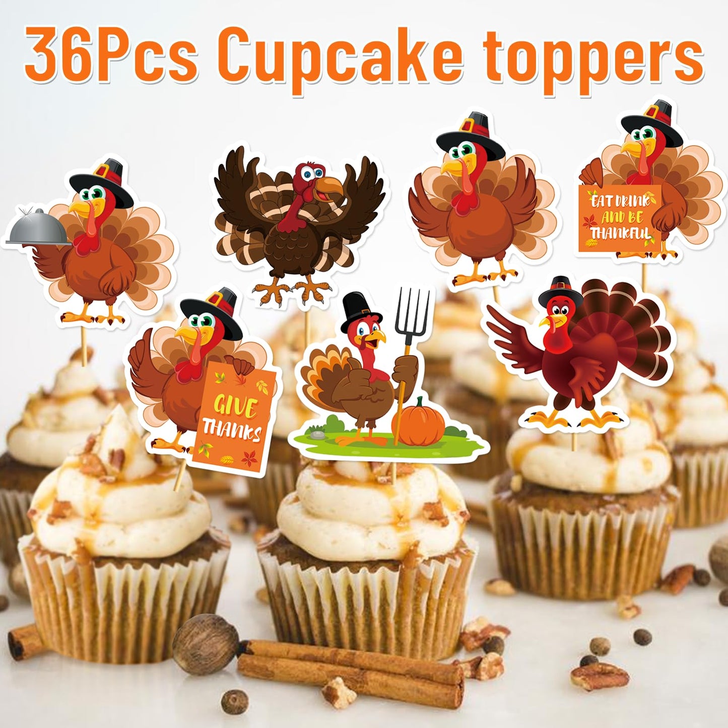 36Pcs Thanksgiving Cupcake Toppers Friendsgiving Turkey Cupcake Toppers Thanksgiving Cake Decorations Friendsgiving Cake Toppers