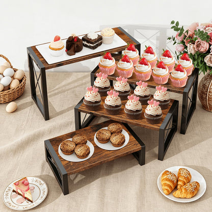 ELITEROO Wood Risers Display Stands Set of 4, Wooden 4 Tier Cupcake Stand, Tiered Riser for Vendors, Decorative Display Risers for Food Desserts Buffet Table at Party Wedding, Rustic Brown