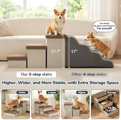 3-Step Wide Dog Stairs with Hidden Storage 18" H, Non-Slip Dog Steps for High Bed Couch Car, Jiont-Friendly Pet Stairs Ramp for Small/Medium/Large Old Dogs Cats Up to 220lbs, Beige&Coffee Lid