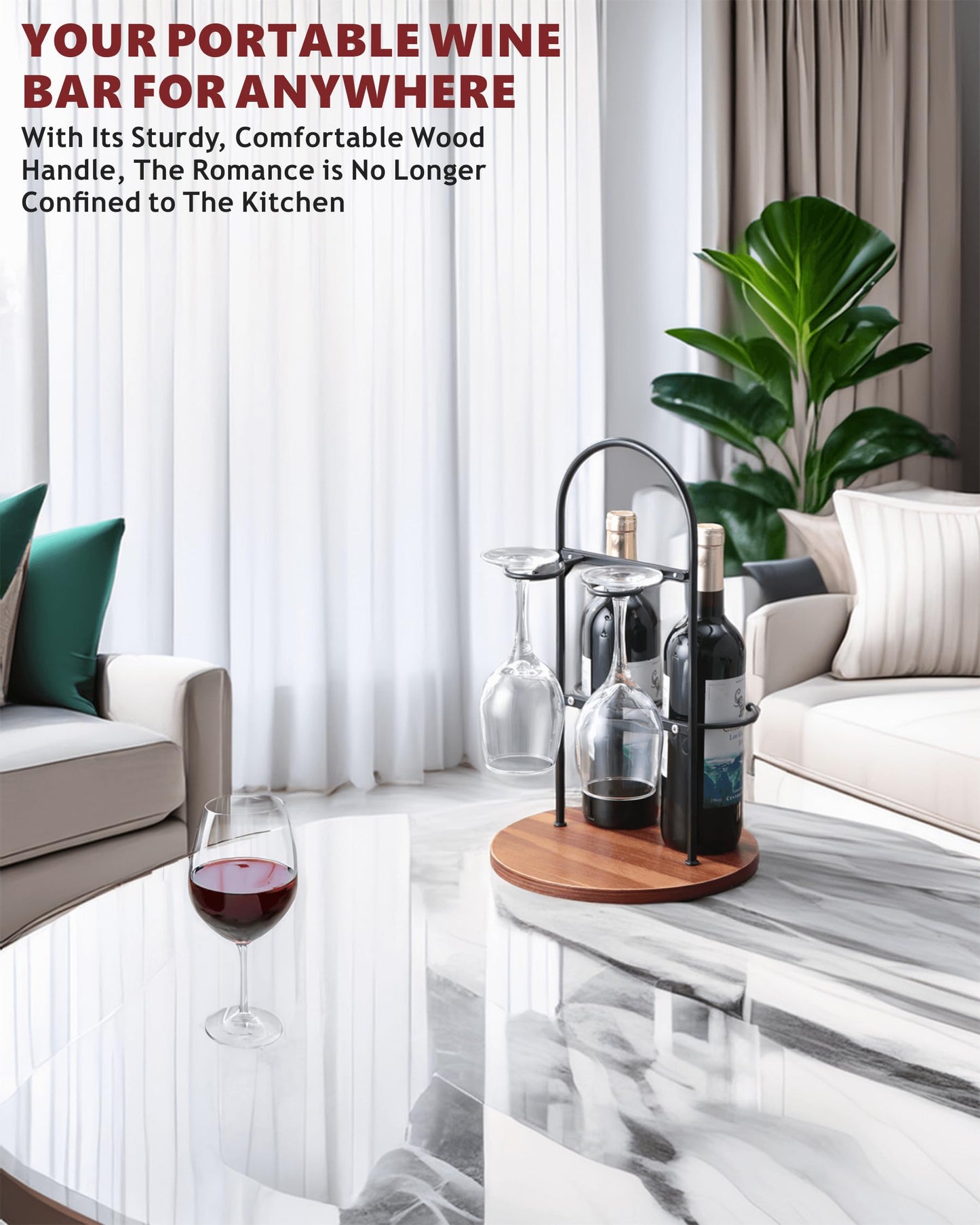 Wine Bottle and Glass Holder for Countertop | Small Wine Rack for 2 Bottles & 2 Glasses | Modern Tabletop Wine Storage with Round Wood Base | Freestanding Wine Stand & Caddy for Home Bar (Black)