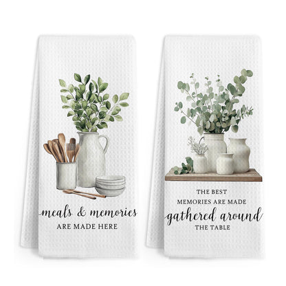 Gnmduw Eucalyptus Leaves Kitchen Towels, Sage Green Farmhouse Cooking Hand Towels Set of 2, Meals and Memories Are Made Here Hand Dish Tea Towel for Kitchen Bathroom Decor, Baking Gift for Chef,16x24