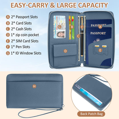 NEWIROVE Passport Holder For Travel, Leather Passport Holder RFID Passport Wallet With Zipper Coin Pocket And Wristlet Strap Women And Men Passport Case For Credit Card, ID, Cash.Blue