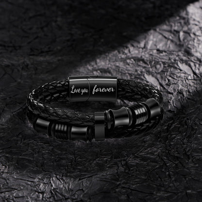 JoycuFF Gifts for Son from Dad Mom Leather Bracelet Gifts for Men Birthday Gift for Son Bracelet from Mom Black Layered Bracelets Engraved I Love You Forever Braied Cuff Graduation Gift