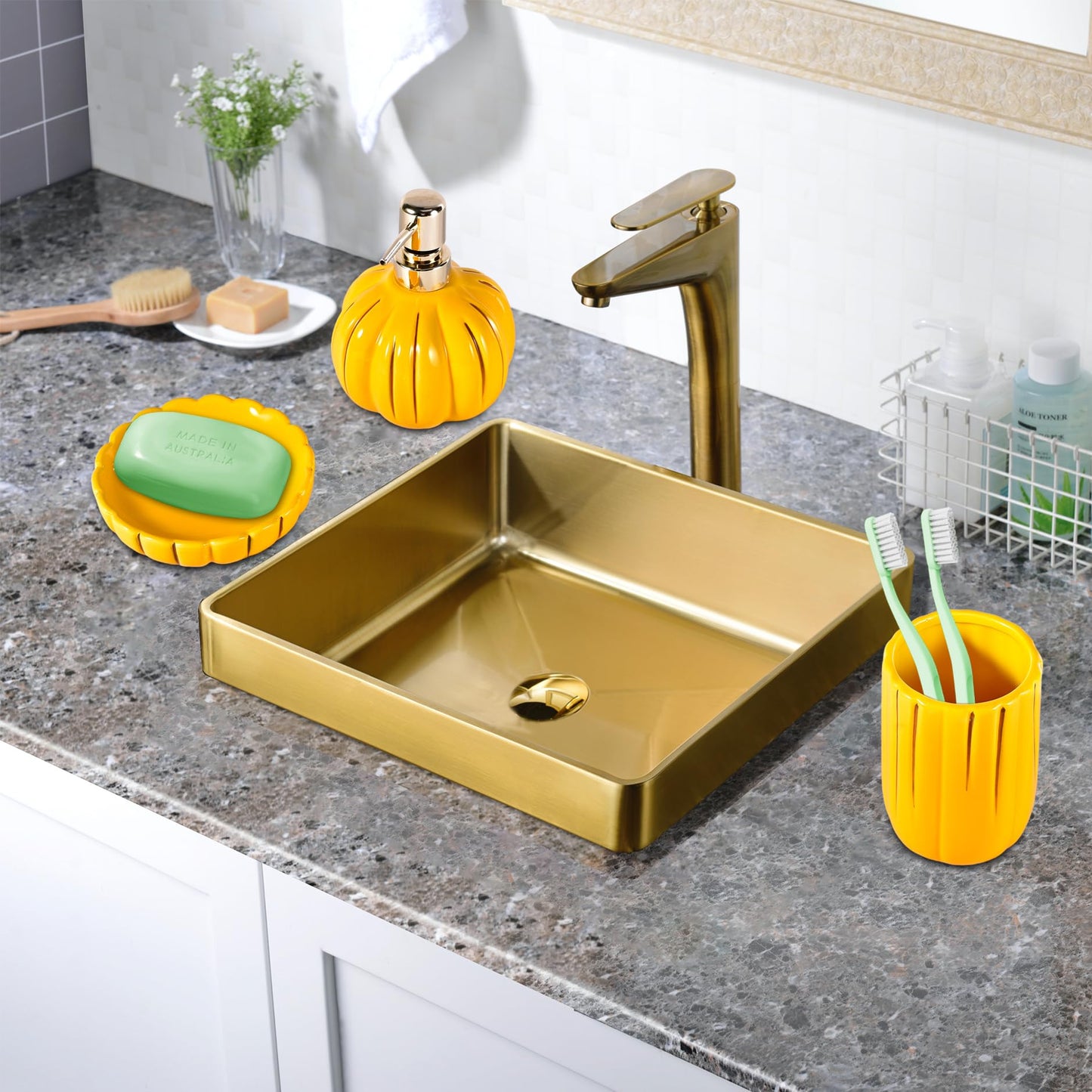 Ceramic Bathroom Accessories Set of 3, Thanksgiving Pumpkin Bathroom Decor, Fall Bathroom Sets Complete -Toothbrush Holders, Soap Dispenser, Soap Dish, Bathroom Organizer for Countertop