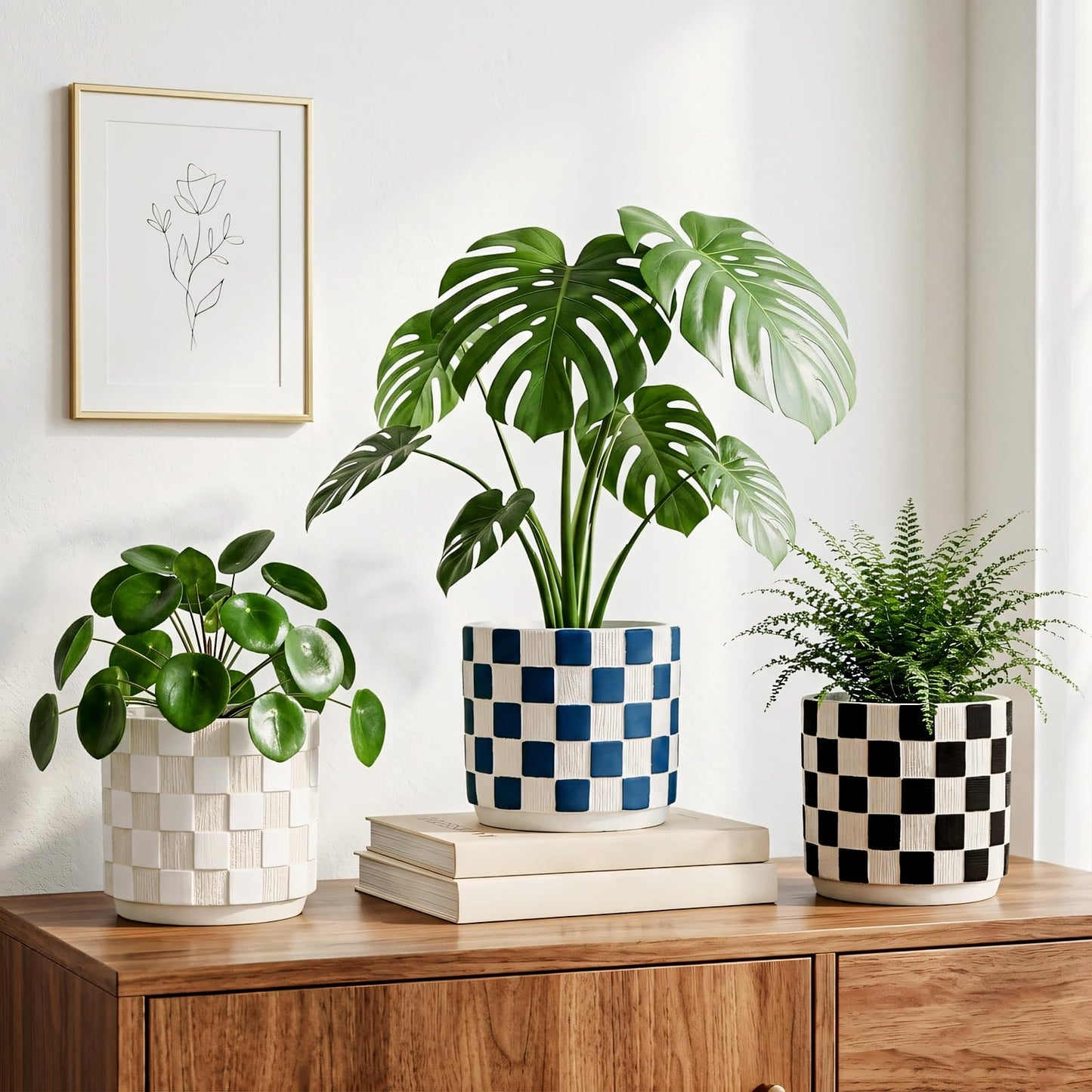 Nature Crafted 5.5 inch Ceramic Plant Pots with Drainage Hole & Silicone Plug, Checker Ceramic Round Planter Flower Planter for Indoor Outdoor Plants Home Gardening Desktop Windowsill, White