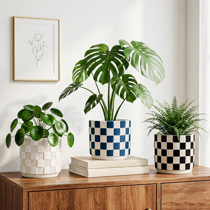 Nature Crafted 5.5 inch Ceramic Plant Pots with Drainage Hole & Silicone Plug, Checker Ceramic Round Planter Flower Planter for Indoor Outdoor Plants Home Gardening Desktop Windowsill, White