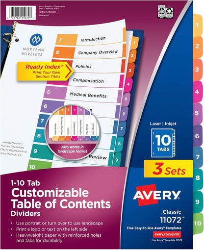 Avery Dividers for 3 Ring Binders, 10 Tabs per Set, Customizable Table of Contents, Multicolor Tabs, Great for Organizing Reports, Projects, and More (3 Sets of 11072)