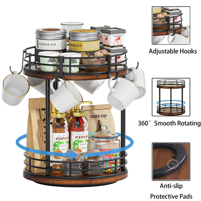 Yelinkws Rotating Coffee Mug Holder Rack Stand, 2 Tier Wooden Coffee Station Bar Organizer for Countertop, Spinning Kitchen Counter Organizer, Mug Shelf with 6 Hooks, Rustic Brown and Black