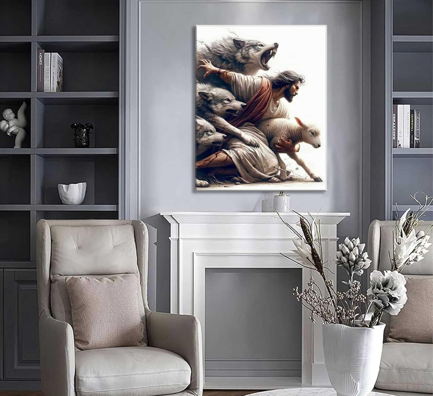Jesus and Lamb Canvas Wall Art Jesus Protecting Lamb from Wolves Poster Painting Christian Picture Wall Decor Bible Stories Print for Living Room Bedroom Church Decor Framed