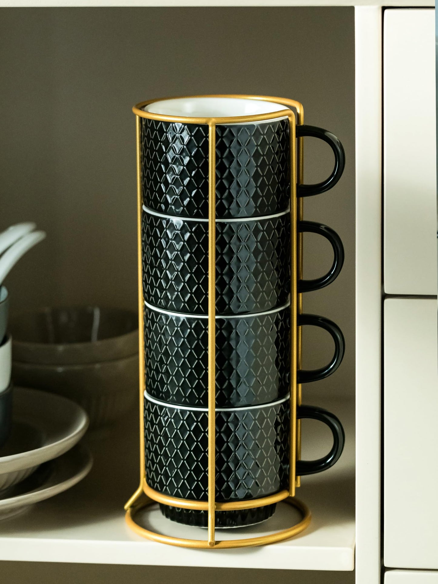 LYEOBOH Stackable Coffee Mugs Set of 4 with Rack & Spoons Coffee Mug Set 13 OZ., Ceramic Embossed Grinding Demitasse Cups Set Cappuccino Cup Halloween for Coffee, Latte, Macchiato, Espresso, Black
