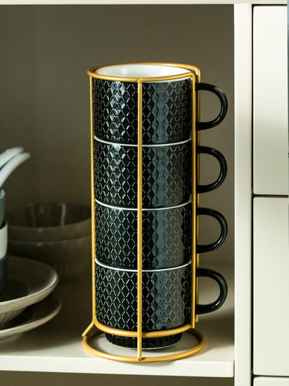 LYEOBOH Stackable Coffee Mugs Set of 4 with Rack & Spoons Coffee Mug Set 13 OZ., Ceramic Embossed Grinding Demitasse Cups Set Cappuccino Cup Halloween for Coffee, Latte, Macchiato, Espresso, Black