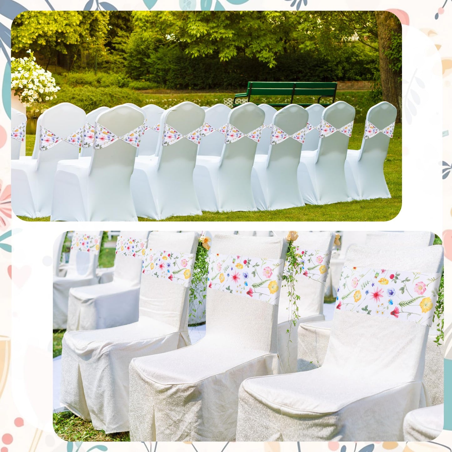 Newwiee Floral Spandex Chair Sashes Floral Print Elastic Chair Sashes Bow Polyester Chairs Cover Bands Ties Without Buckle for Birthday Party Decor