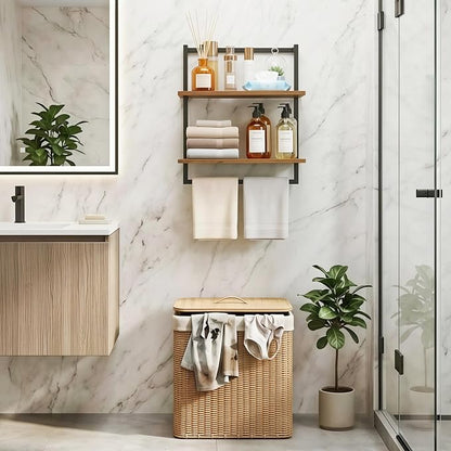 Wall Mounted Towel Rack for Bathroom, Bath Storage Holder 3-Tier Steel Wood Towel Shelf with Bar, Rustic Brown