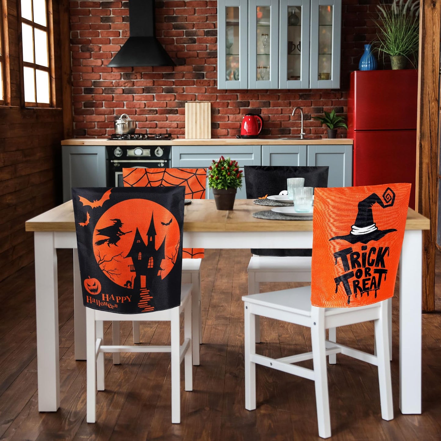 Whaline 4 Pack Happy Halloween Chair Covers Spooky Chair Back Covers Halloween Ghost Witch Bat Dining Room Seat Covers Orange Black Chair Slipcovers for Home Dining Room Kitchen Halloween Party